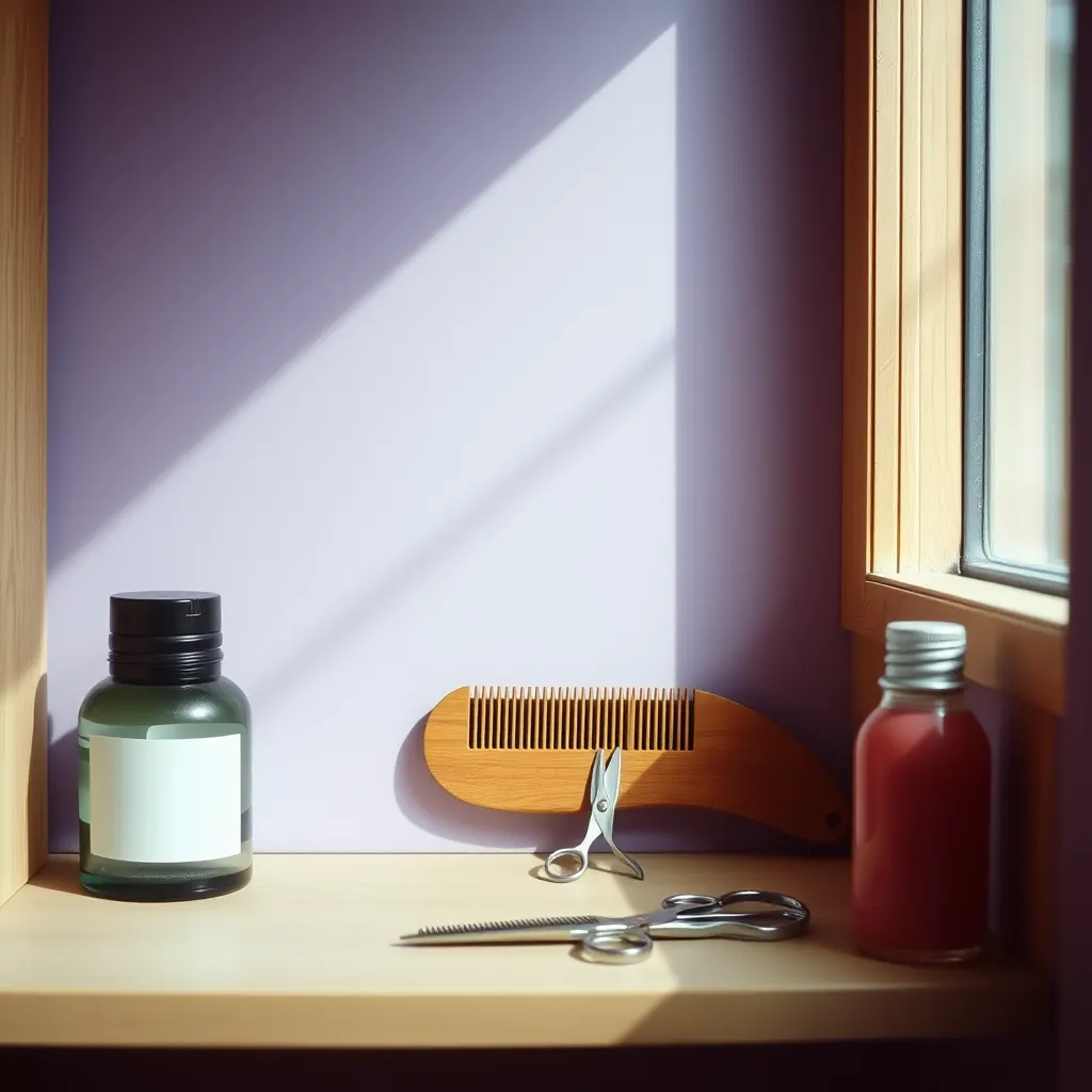 A comb and open scissors on a barber shelf