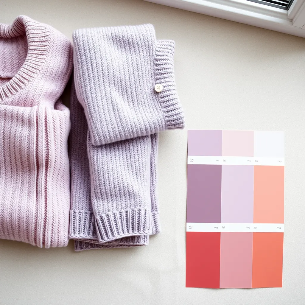 Folded knitwear beside a row of palette swatches